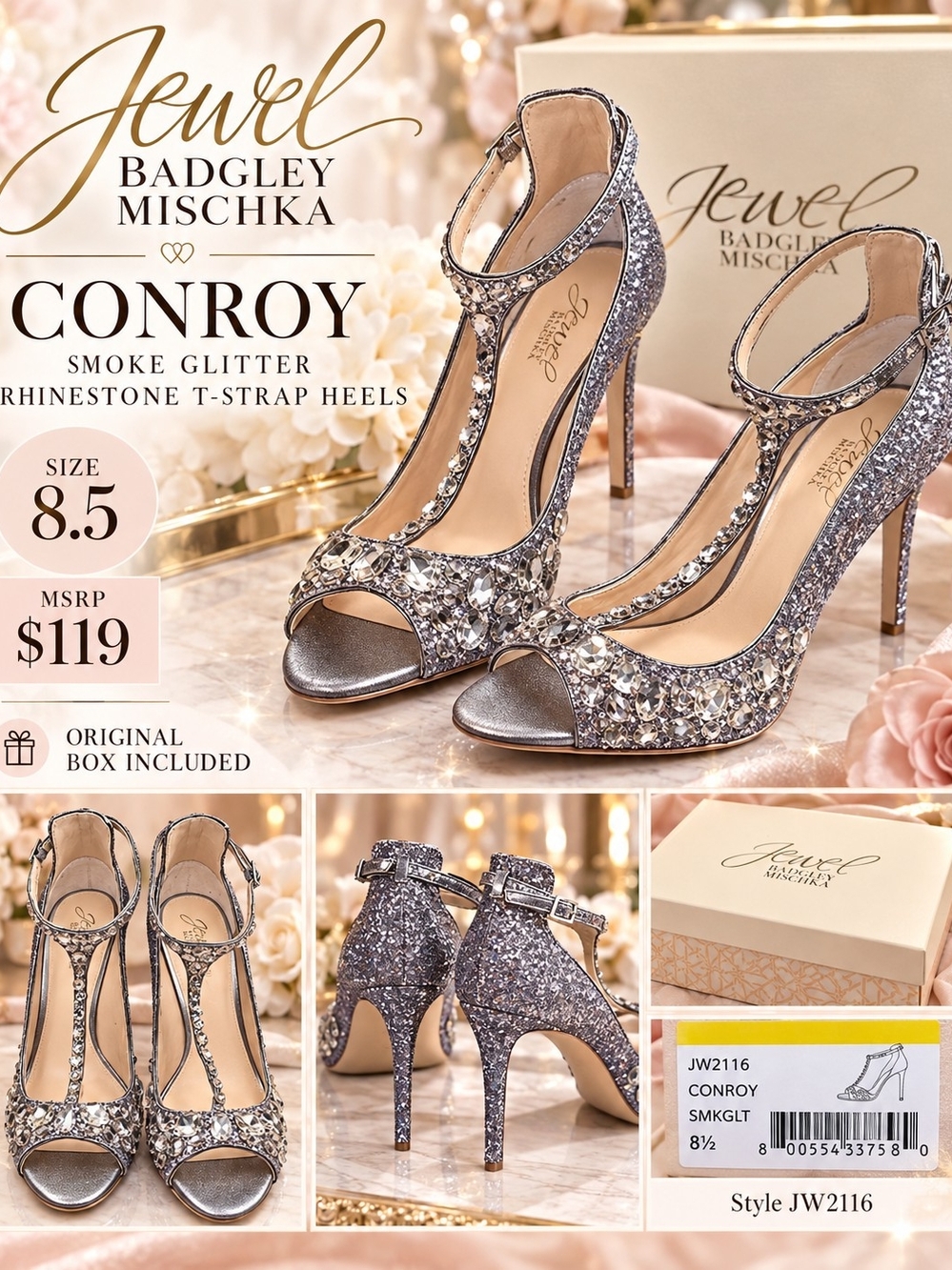 Jewel Badgley Mischka Conroy Smoke Glitter Rhinestone Heels Size 8.5 NIB